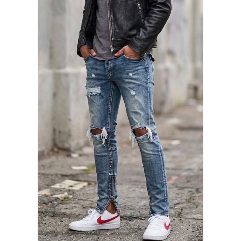 MNML Distressed Stretch Denim Jeans Blue Ankle Zip Slim Fit Mens 36 Distressed